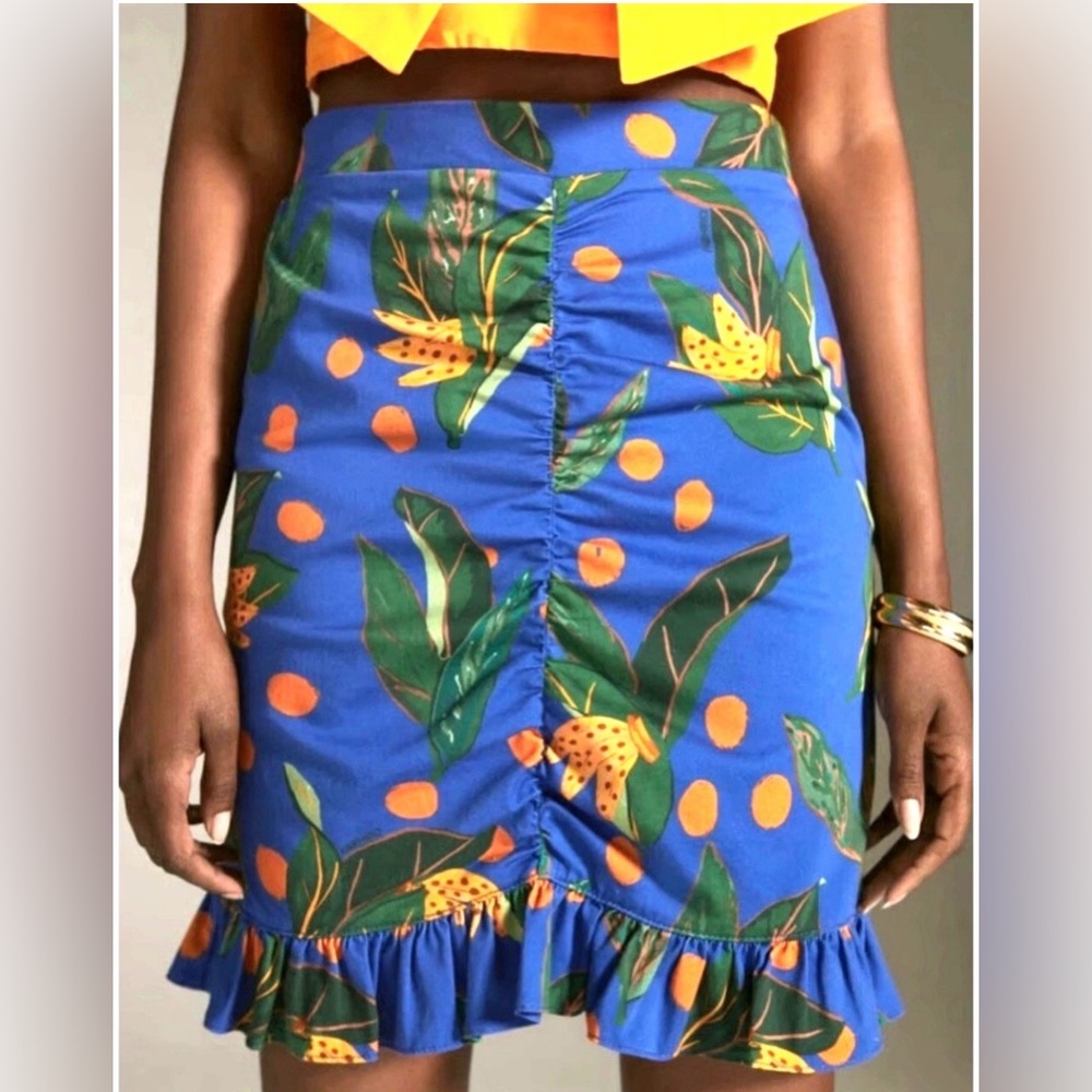Women's Tropical Print Skirt - Blue/Orange Anthropologie Farm Rio medium